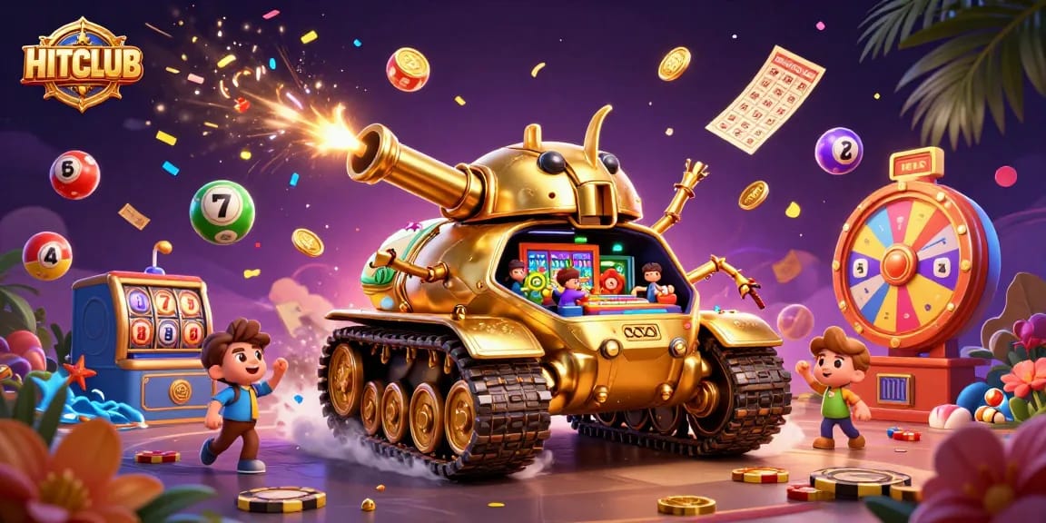 Engage with HITCLUB's vibrant casino scene, featuring a dynamic golden beetle tank and lively game elements.