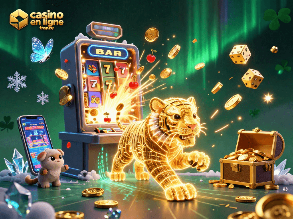 Jouez dans un casino en ligne France avec des machines à sous scintillantes et un tigre lumineux.