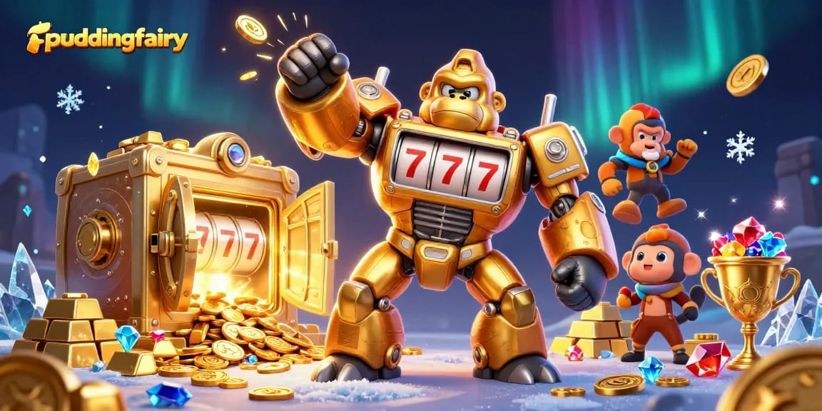 Puddingfairy showcases an exciting scene with a golden gorilla mech and coin explosions in a vibrant casino world.