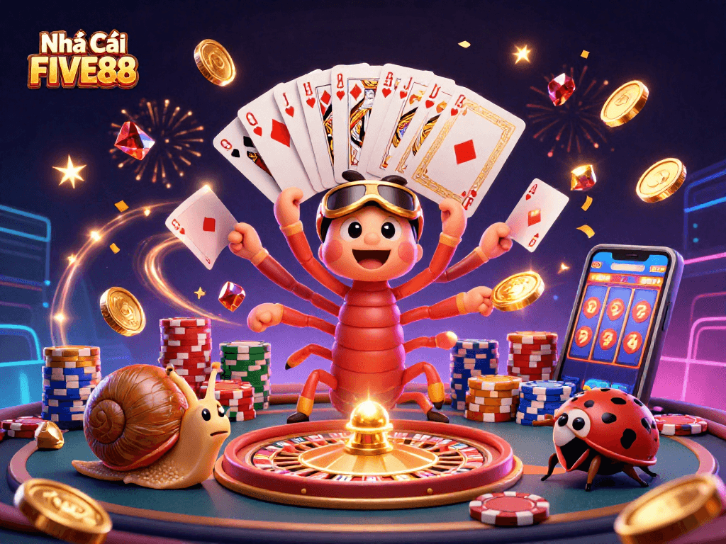 Engage with Nhà Cái FIVE88 through a vibrant 3D fun casino illustration featuring animated characters and dynamic game elements.