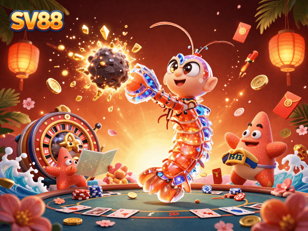 SV88 showcases a galactic samurai mantis shrimp amidst vibrant casino elements in an explosive gaming scene.