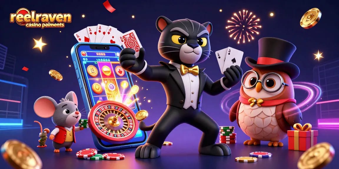 Visuel dynamique de reelraven casino paiements illustrant un panthère élégante et des personnages ludiques dans un casino vibrant.