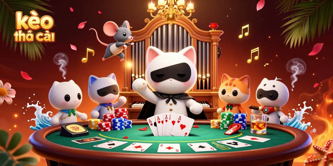 Engage in kèo nhà cái with a 3D illustration of a cat organist amidst cinematic casino elements.
