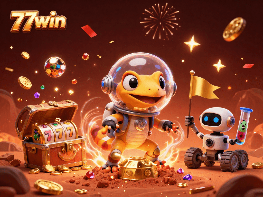 77win's Martian gecko celebrates winnings in a vibrant golden casino with slot reels among a cosmic scene.
