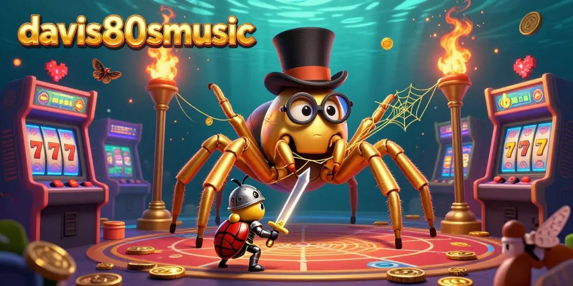 davis80smusic captures an exciting casino scene with a golden tarantula and game elements like slot reels.