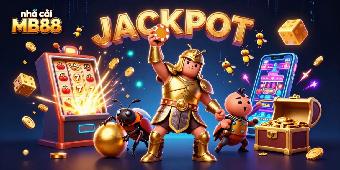 Experience excitement at nhà cái MB88 with a vibrant scene celebrating jackpots and casino games.